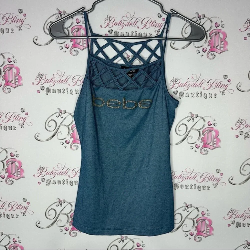 Bebe Blue Strappy Women's Top criss cross denim blue jean style gold bling